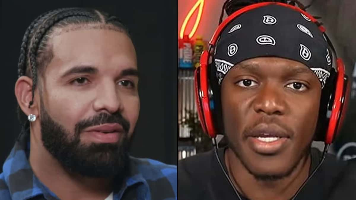 Drake and KSI side by side looking at each other