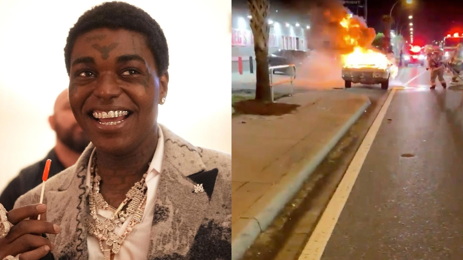 La primera transmisión de Kick del rapero Kodak Black se incendia cuando el auto se incendia