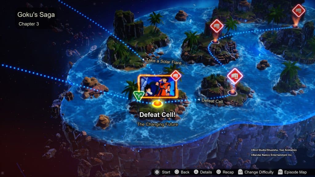 A screenshot of the Changing the Future branching pathway in Dragon Ball Sparking Zero.