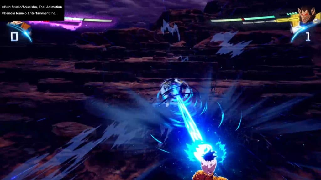 Goku attacking Great Ape Vegeta with a Kamehameha in Dragon Ball Sparking Zero.