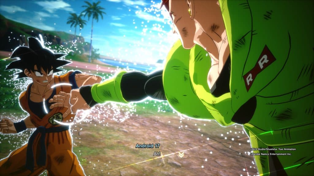 A screenshot of Android 16 and Goku fighting in Dragon Ball Sparking Zero.