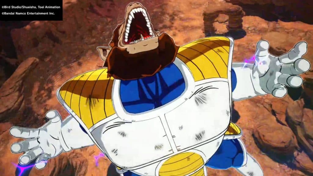 Great Ape Vegeta boss performing a Super Galic Gun Ultimate Blast attack cinematic cutscene.