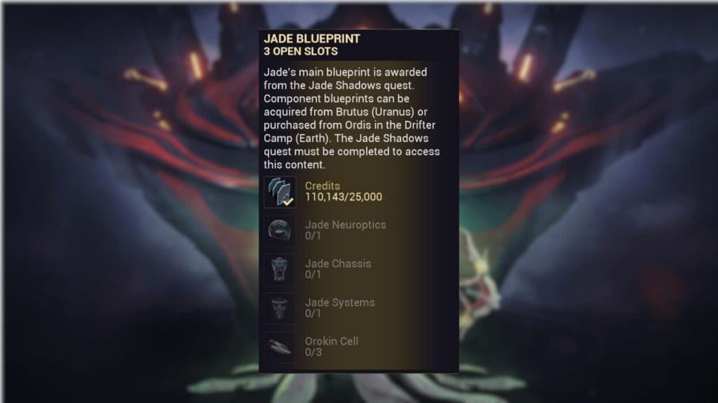 The Jade Blueprint cost in Warframe