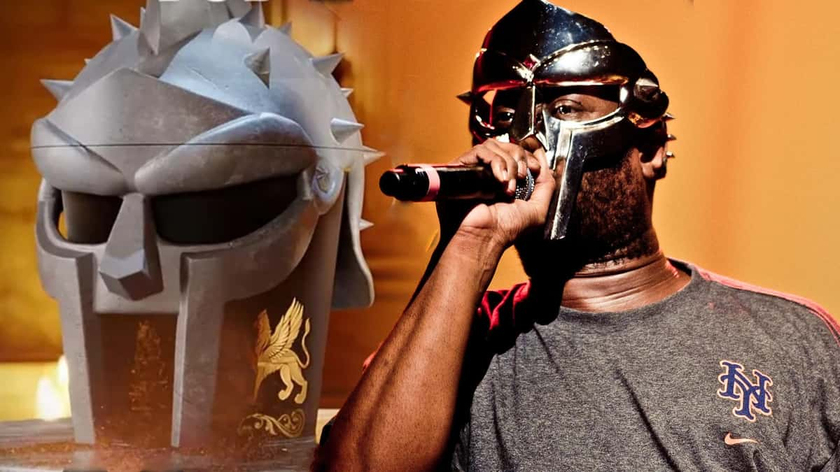 The Gladiator 2 popcorn bucket and MF Doom wearing the Gladiator mask