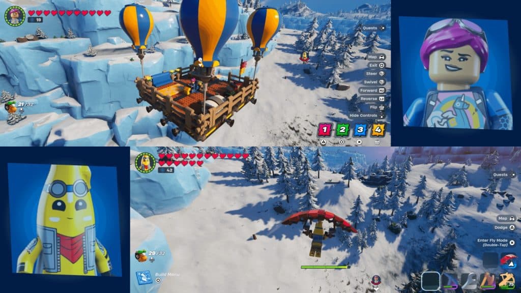 A screenshot featuring the split screen feature enabled in LEGO Fortnite.