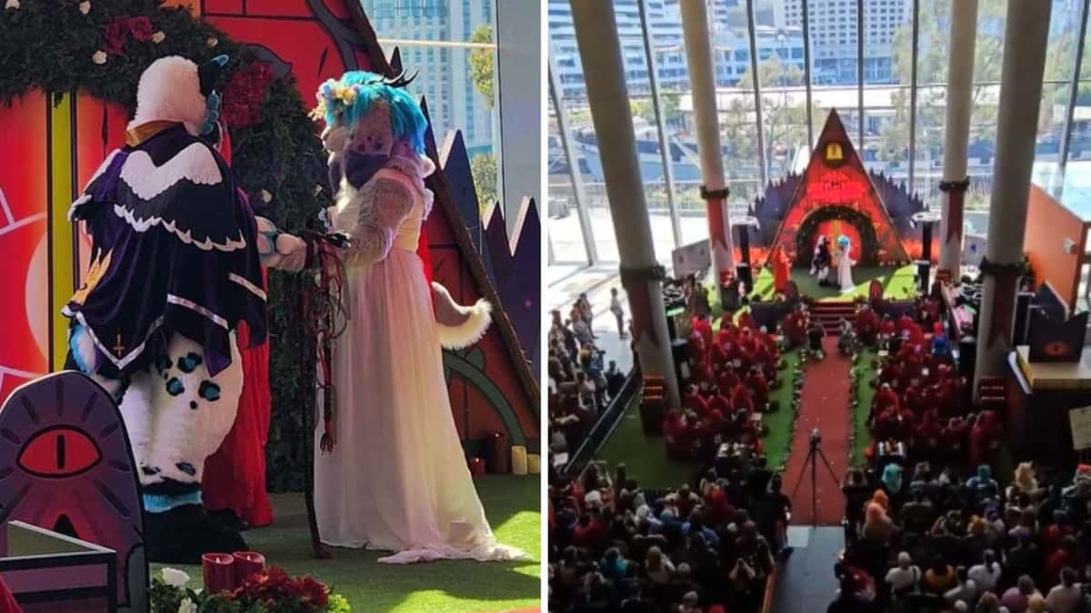 Couple get married at Cult of the Lamb booth at PAX Australia.