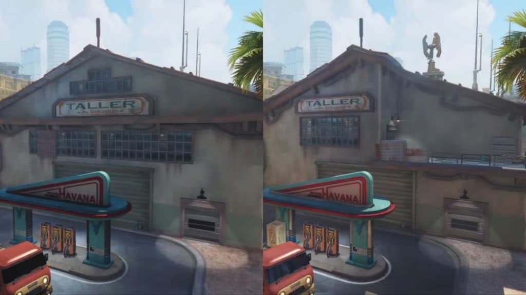 Side by side comparison of Havana map change in Overwatch 2 Season 13