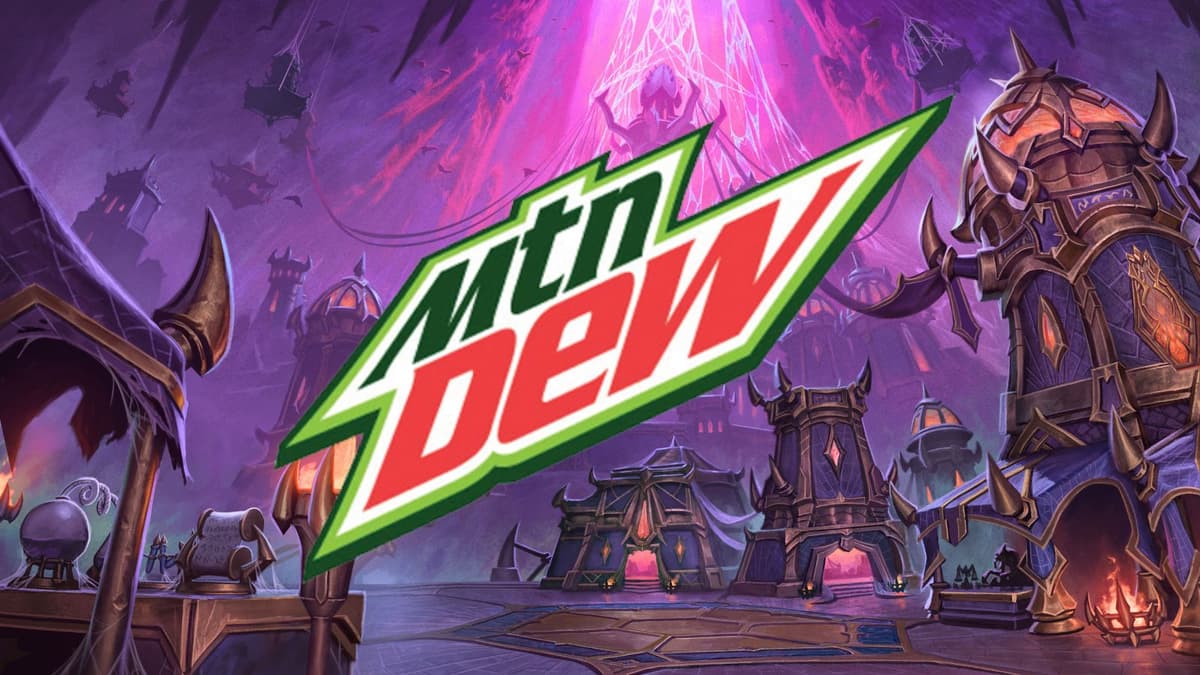 The Mountain Dew logo on a WoW background