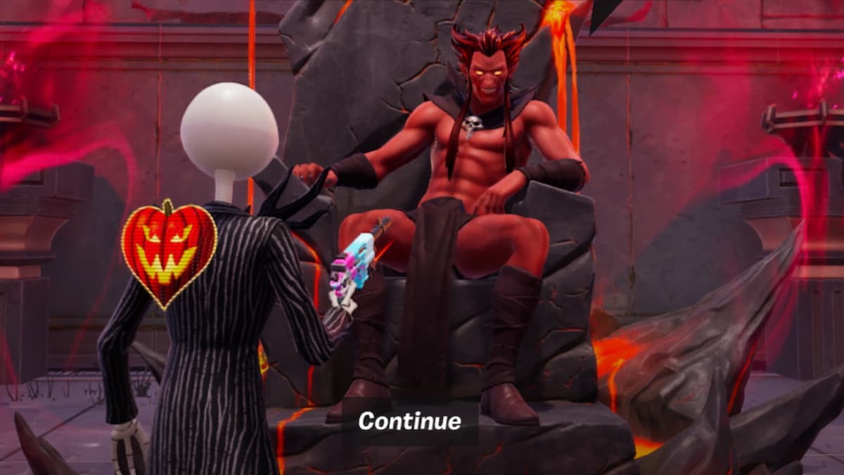 A screenshot featuring Mephisto sitting in a throne in Fortnite.