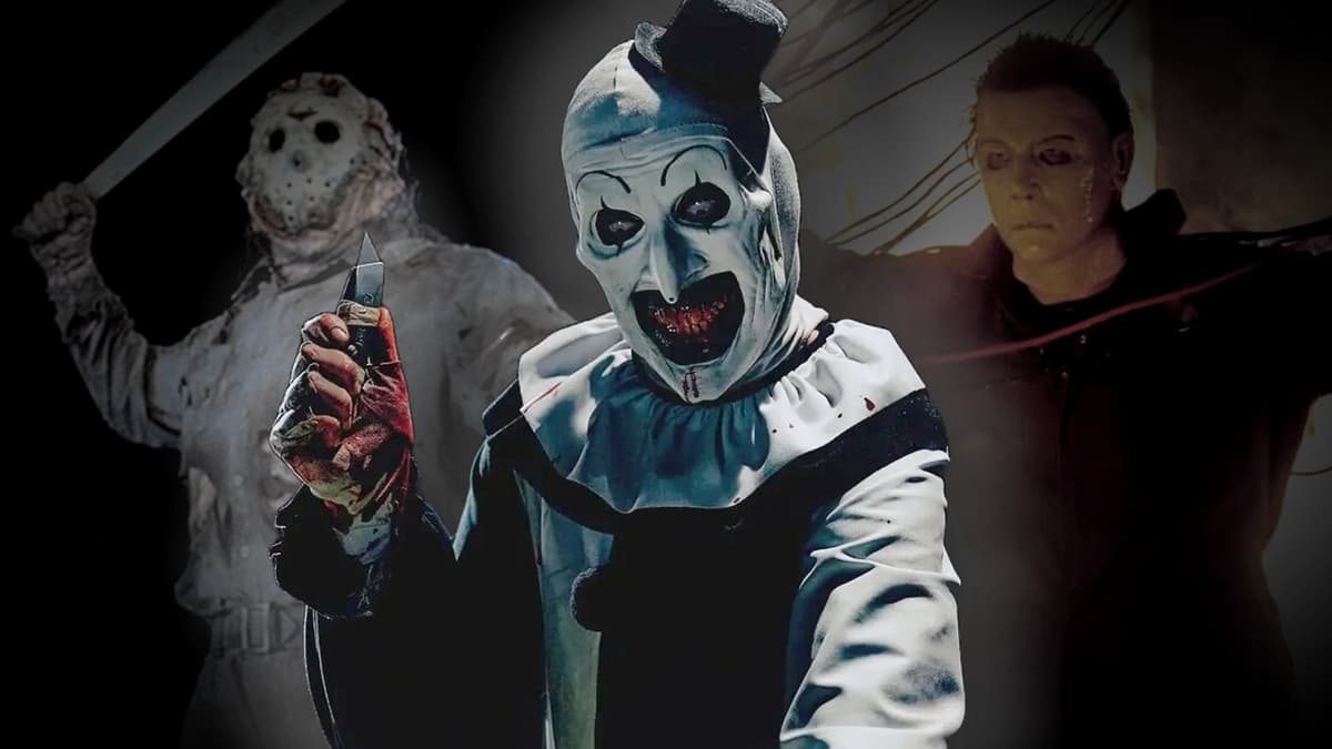 Art the Clown in Terrifier 3, with images of Jason and Michael Myers