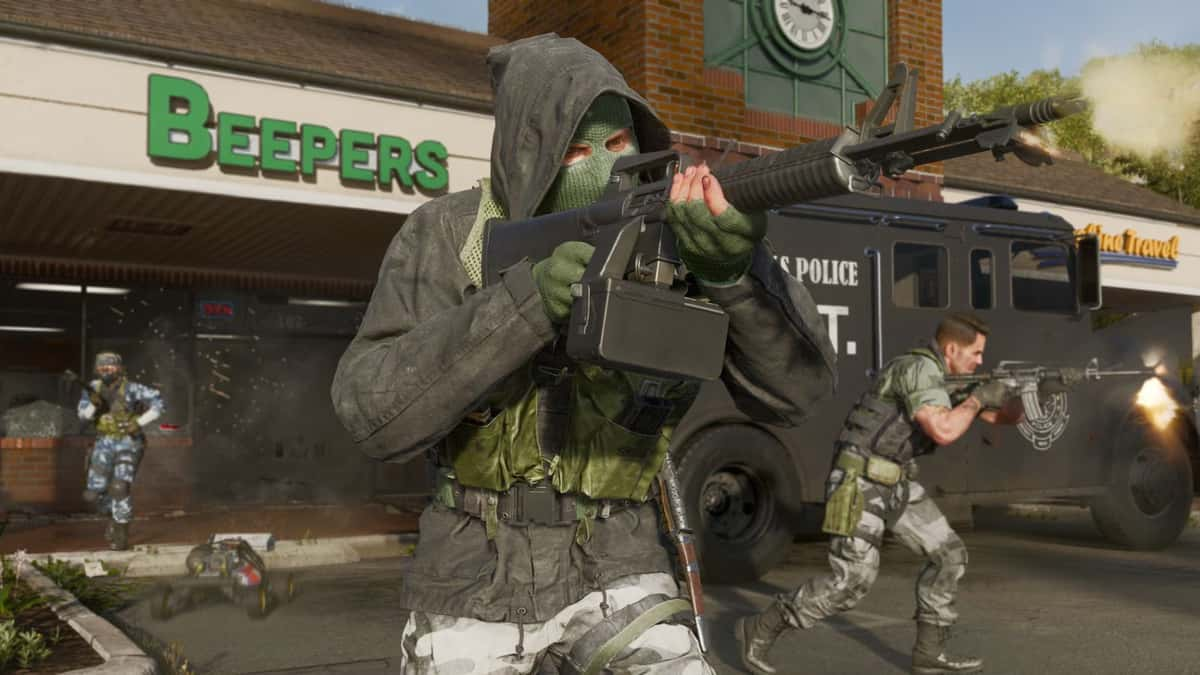 Black Ops 6 character fighting enemies in green and black skin with LMG