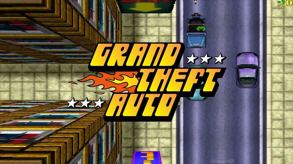 The original GTA logo, looking down on a street