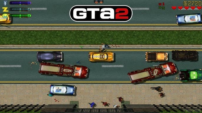 A top down look at a street in GTA 2, with a yellow cop car, red fire trucks, and more.