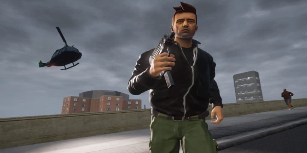 GTA character wearing a black jacket and green pants running from a helicopter, holding an SMG