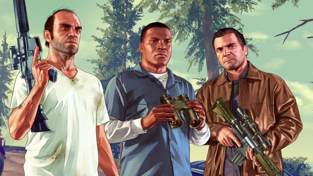 Trevor, Franklin, and Michael sytanding in a forest, holding weapons and binoculars.