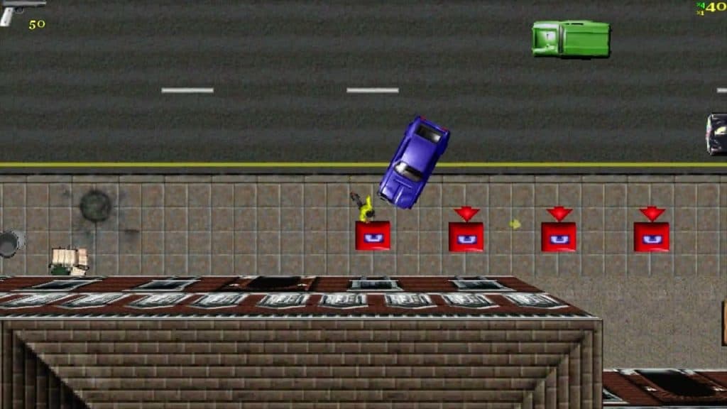 A purple car crashing into a red phone box, with a man in a yellow shirt running.