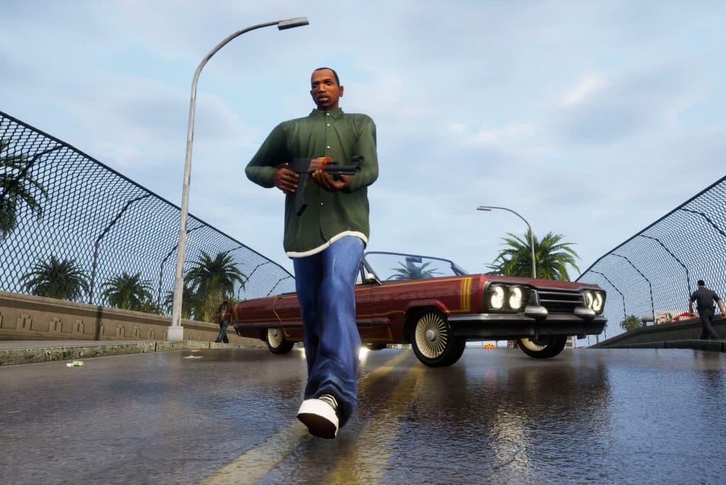 CJ walking away from a maroon lowrider holding a rifle