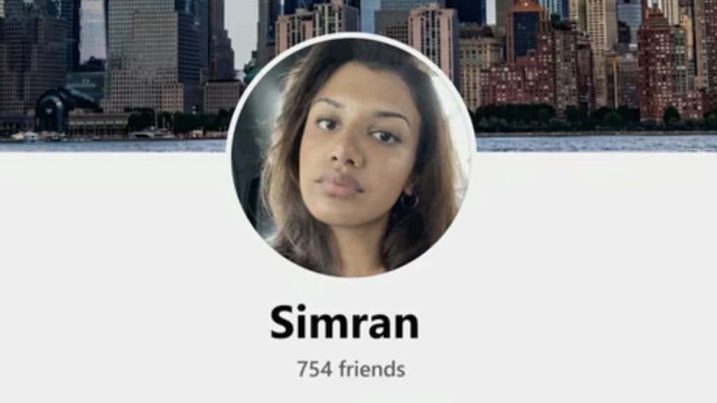 Mock Facebook profile of Simran in Sweet Bobby