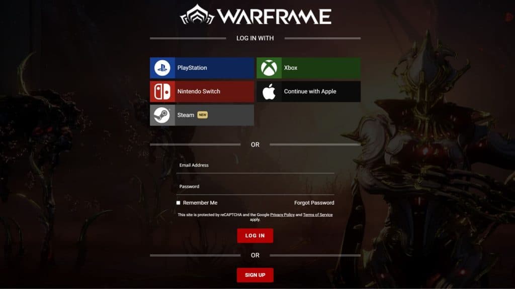 Warframe sign up page