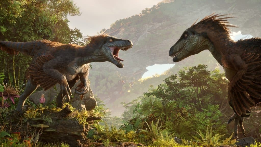 Two dinosaurs standing among grass and trees, screaming at each other