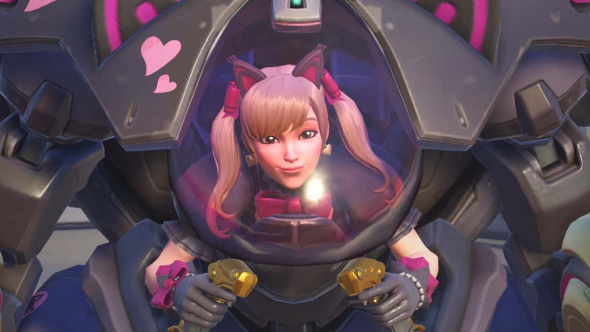 A screenshot featuring D.Va using the Black Cat skin in Overwatch 2.