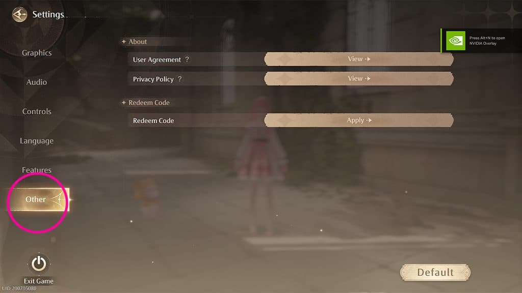 Screen showing how to redeem codes in Infinity Nikki