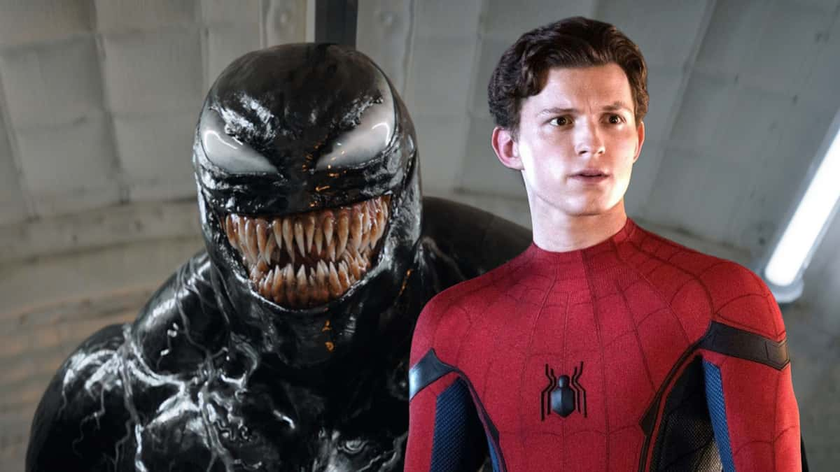 Is Spider-Man in Venom 3? Tom Holland as Spider-Man standing in front of Venom