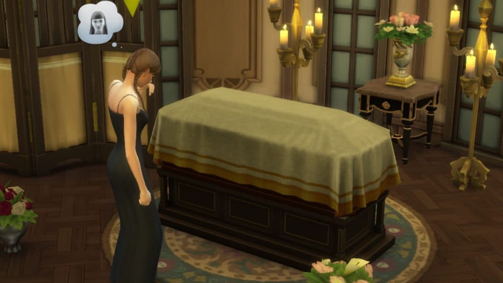 A Sim mourning in The Sims 4 Life and Death expansion pack.