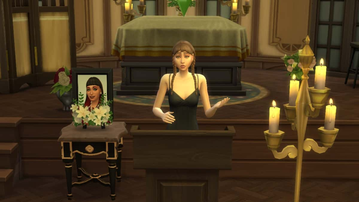 A screenshot featuring a Sim giving an eulogy during a funeral in the Life and Death expansion pack.