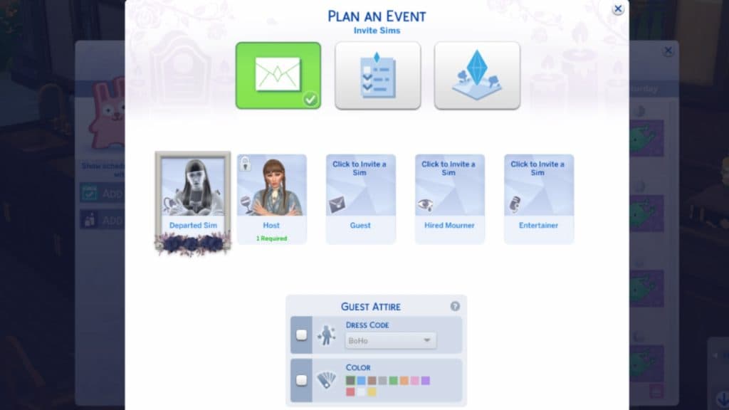 A screenshot featuring the Plan an Event tab for The Sims 4 funerals.