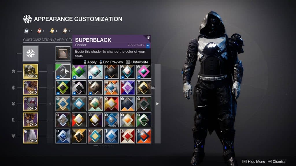 The Superblack Shader equipped on a Hunter in Destiny 2.