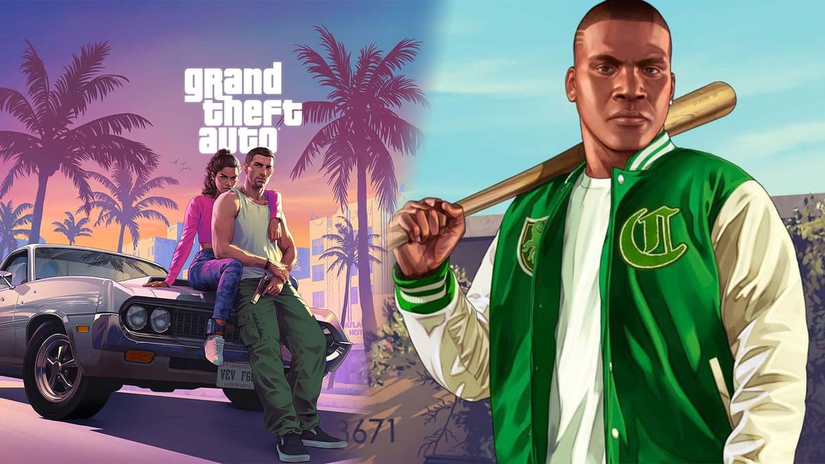 GTA 6's main characters sitting on the hood of a car, alongside Franklin wearing a green jacket with a baseball back