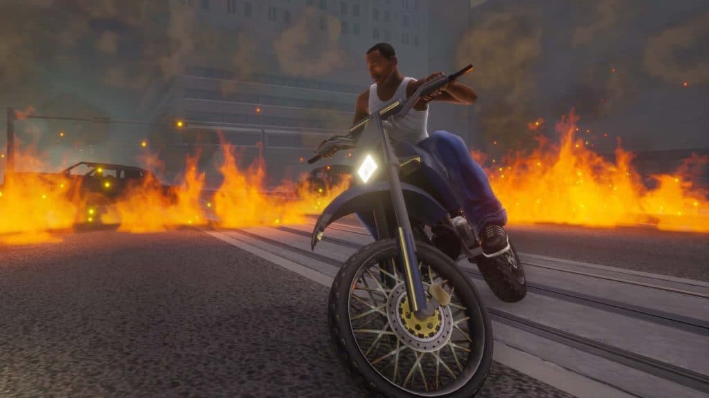 CJ sitting on a motorbike in GTA San Andreas, with a wall of fire behind him.