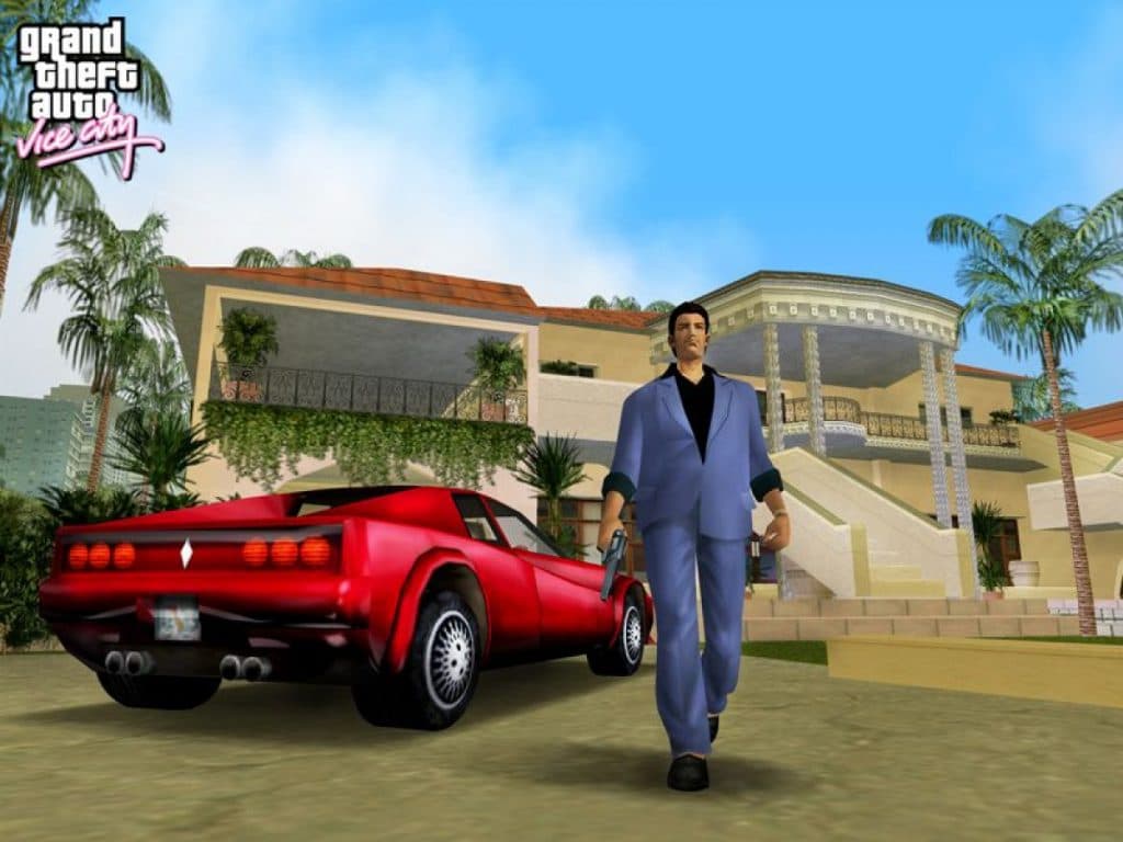 Tommy Verciti holding an SMG, walking away from a red sports car