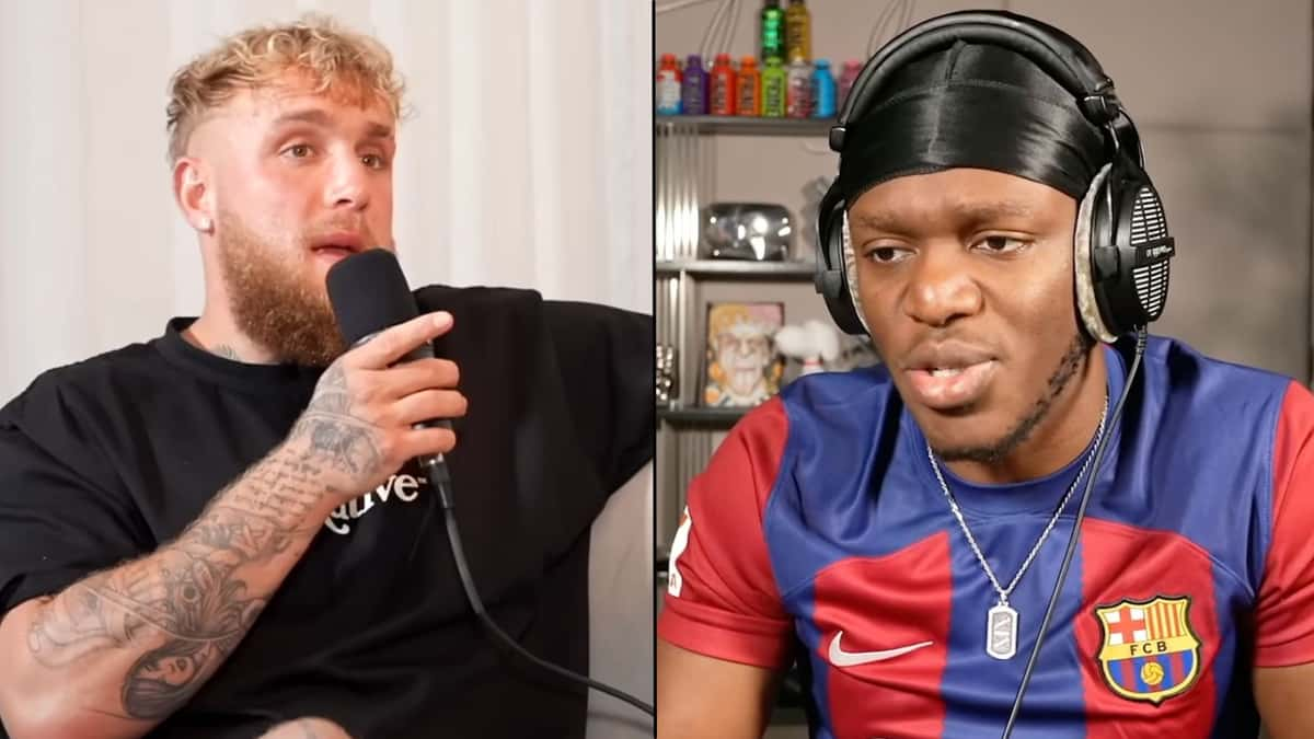 KSI in Barcelona jersey side by side with Jake Paul talking into mic