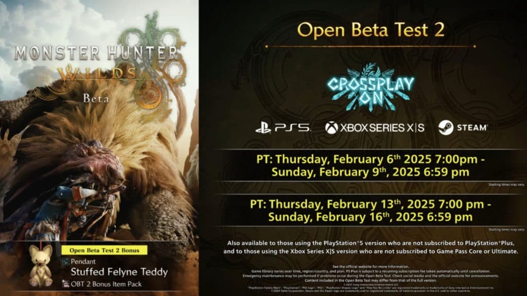 An image with Monster Hunter Wilds second beta test details.