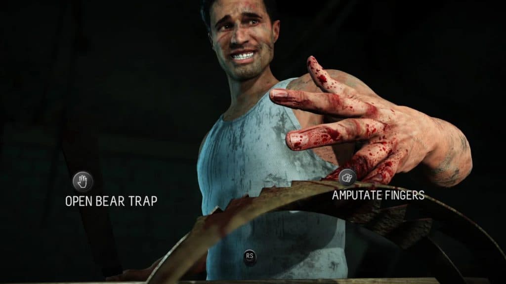 Mike from Until Dawn with his fingers stuck in a bear trap