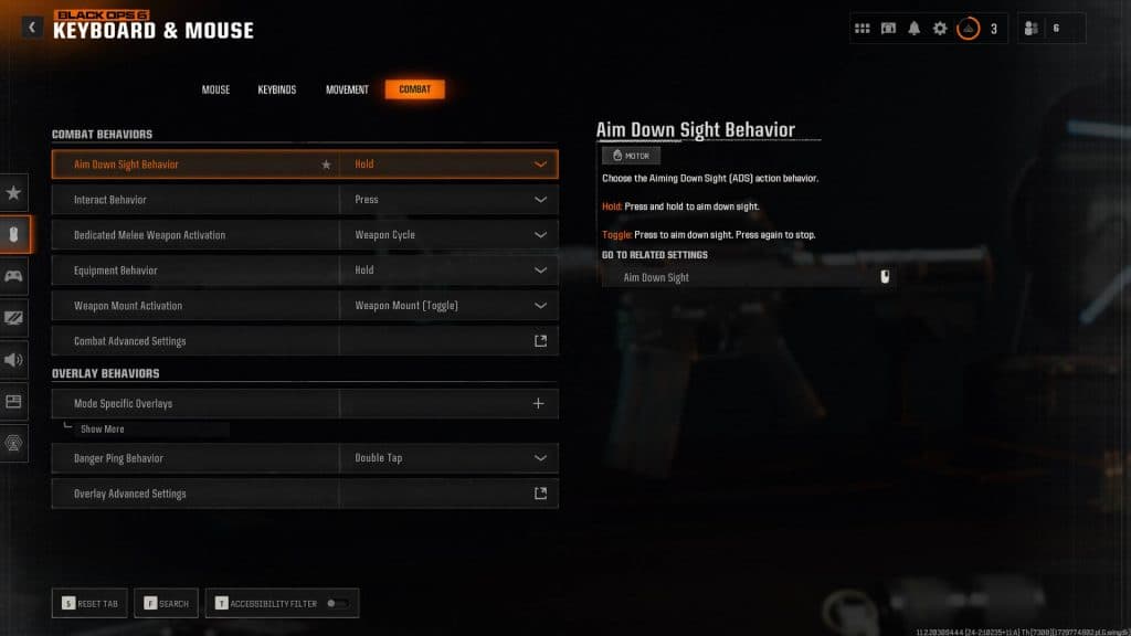 Combat settings menu in Black Ops 6.