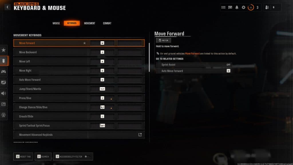 Keybinds menu in Black Ops 6.