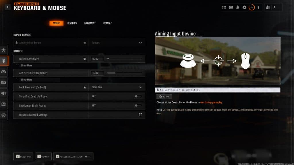 Mouse settings menu in Black Ops 6.