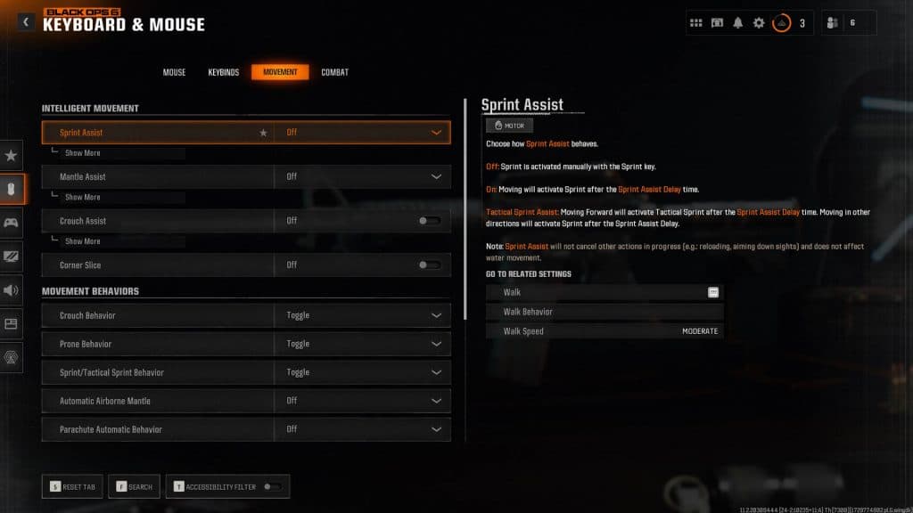 Movement settings menu in Black Ops 6.