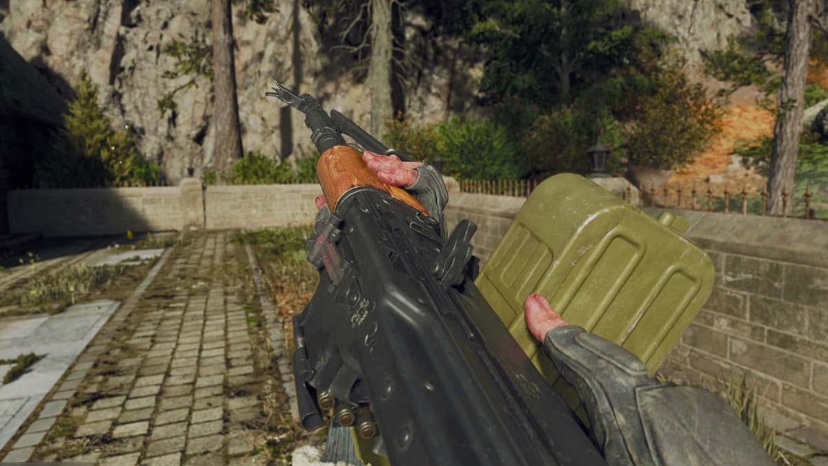 A player holding a PU-21 LMG on a cobble street in Black Ops 6