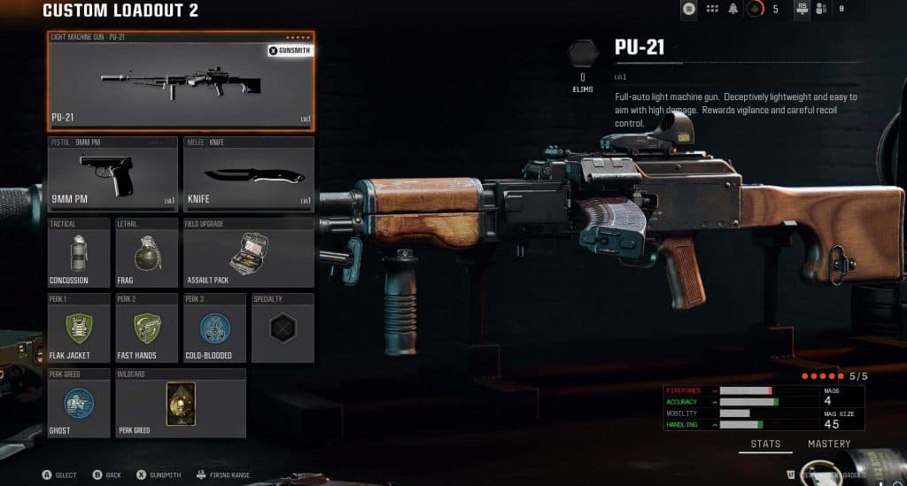 The PU-21 in Black Ops 6's class builder screen, with perks, equipment, and a Wildcard.