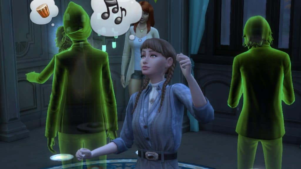 A screenshot featuring a Sim hanging out with ghosts.