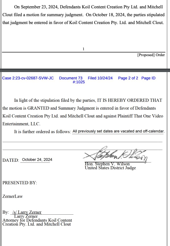 Screenshot of lawsuit between koil and DW with judgment