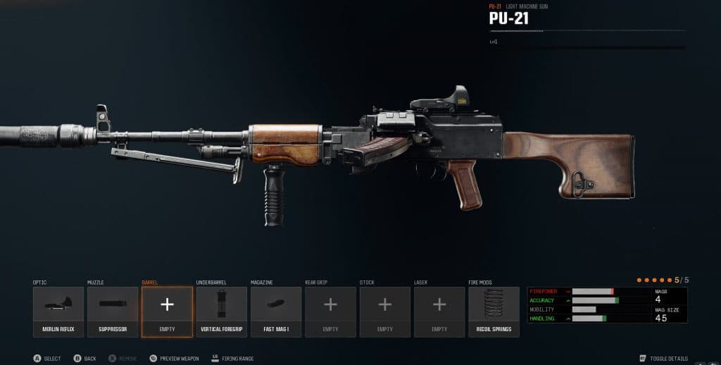 The PU-21 LMG in Black Ops 6's loadout builder screen