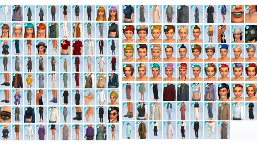 A screenshot featuring all CAS items in The Sims 4 Life and Death.