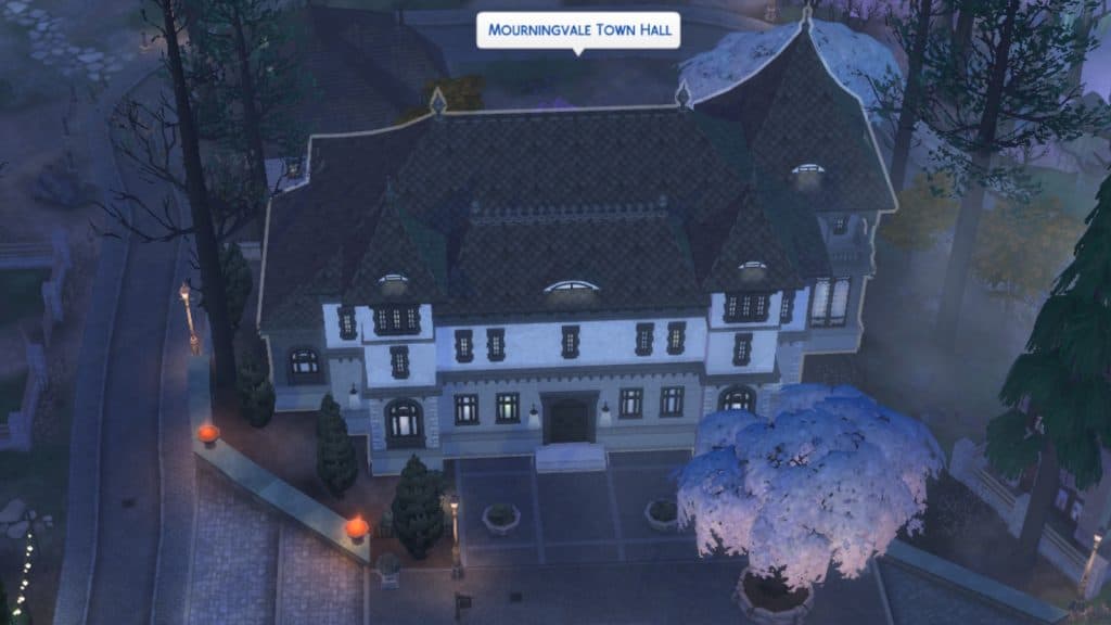 A screenshot featuring the Mourninvale Town Hall in The Sims 4.