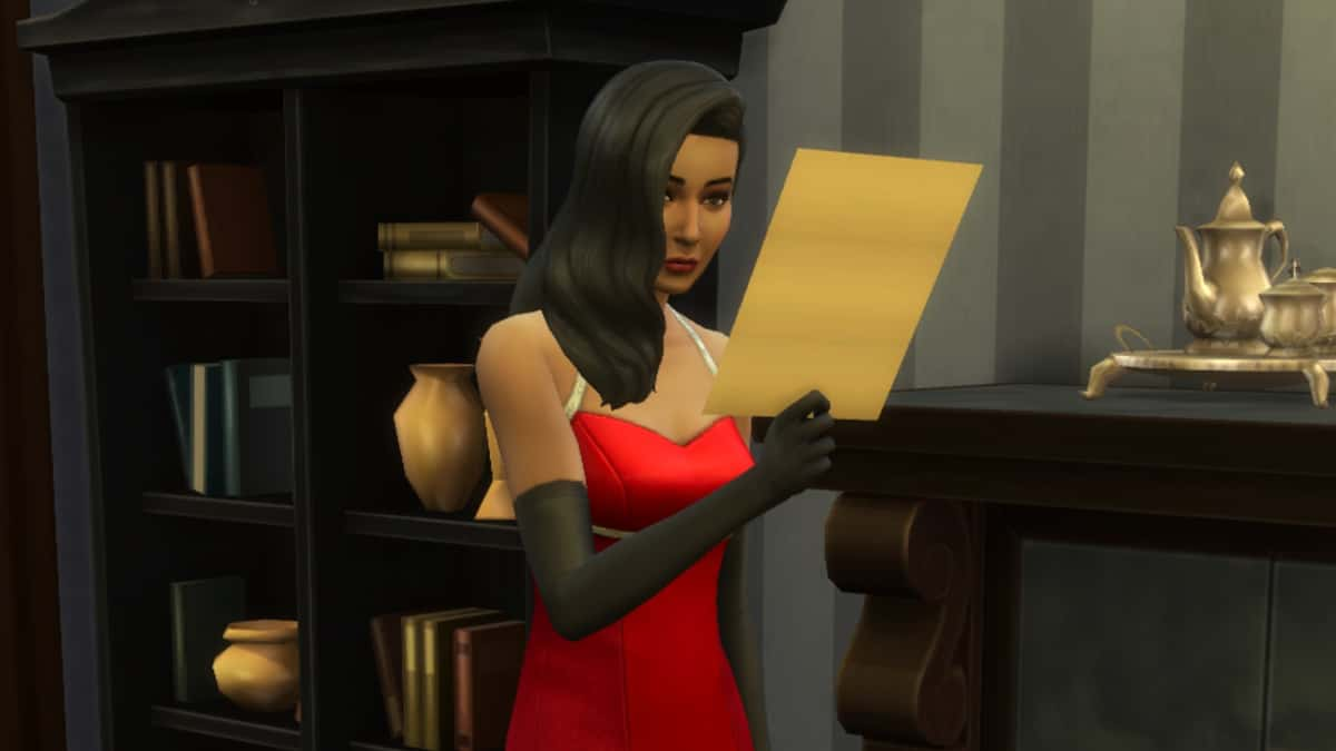 A screenshot featuring Bella Goth holding a will in The Sims 4.