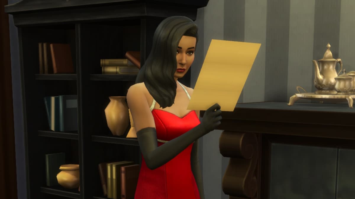 A screenshot featuring Bella Goth holding a will in The Sims 4.